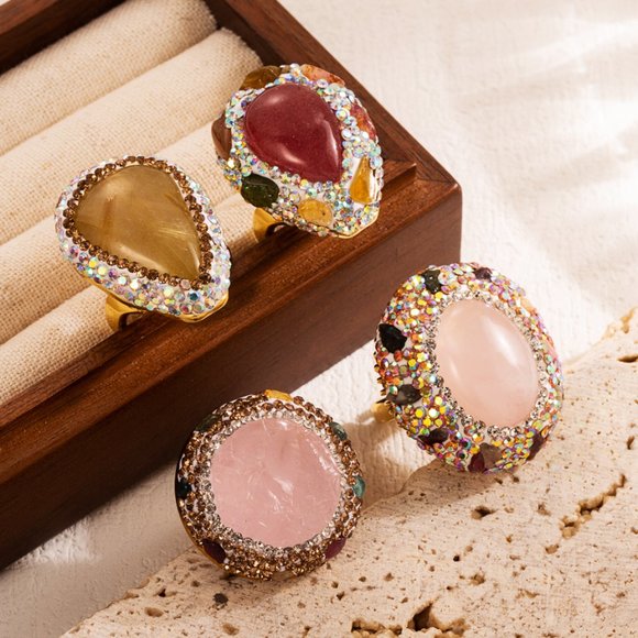 3/$35 18K Gold Plated Copper Round Open Ring White Natural Stone Rhinestone - Picture 4 of 5